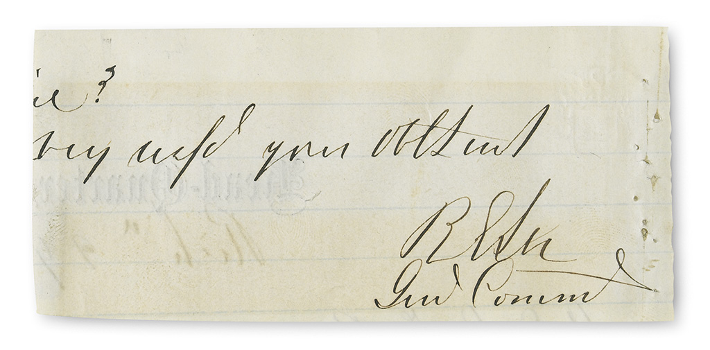 (CIVIL WAR.) ROBERT E. LEE. Clipped portion of an Autograph Letter Signed, RELee / Genl Commdg,